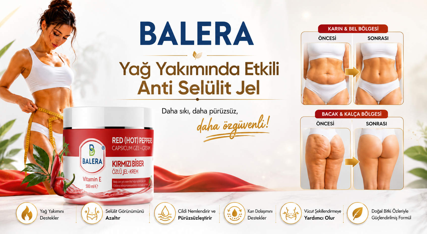 Balera 3'lü Etki:Kırmızı Biber Özlü Sıkılaştırıcı&selülit karşıtı Jel-Krem(500ml)